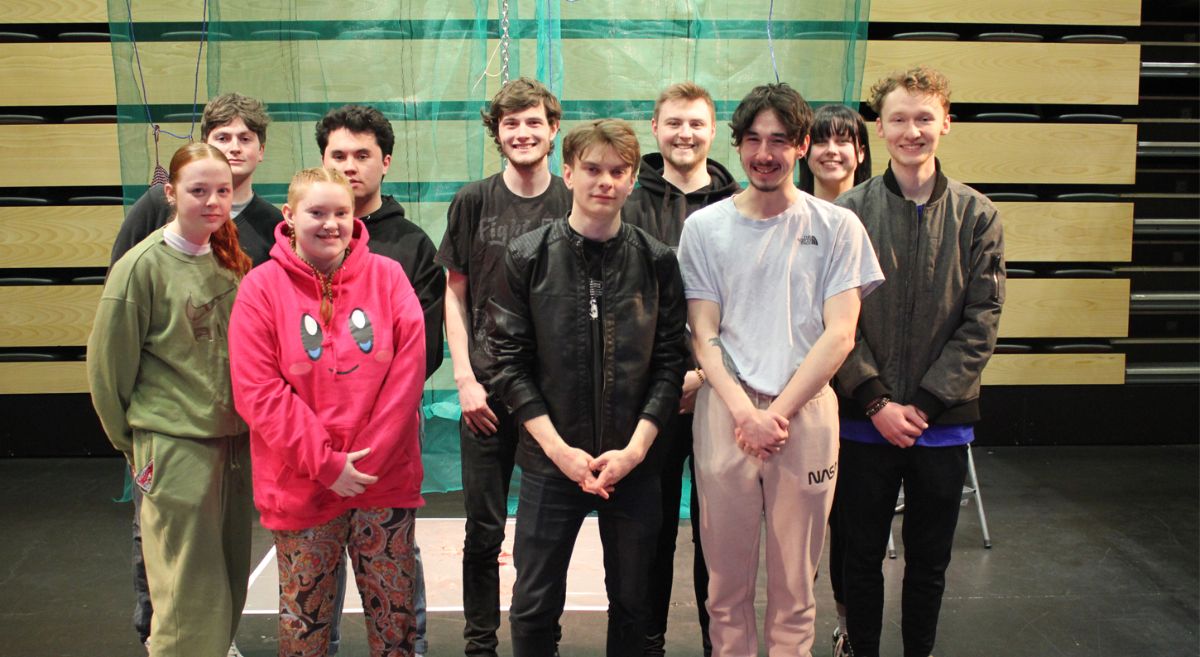 Performing Arts HND students. Front row (L-R) Mackenzie McDowell, Caitlin Mellotte, Caolan Donnelly, Ryan Gibson and Rowan Magee. Back row (L-R) Eamon Woods, Eion Hannaway, Jack Brannigan, Matthew Weiniger and Flynn Morgan.  